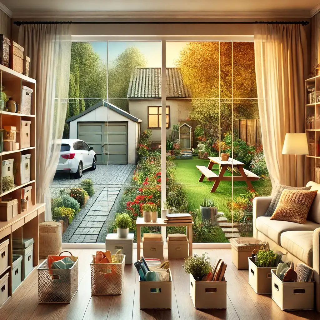 A seasonal representation of a clean and organized home featuring a well-kept living room and a neat outdoor space.