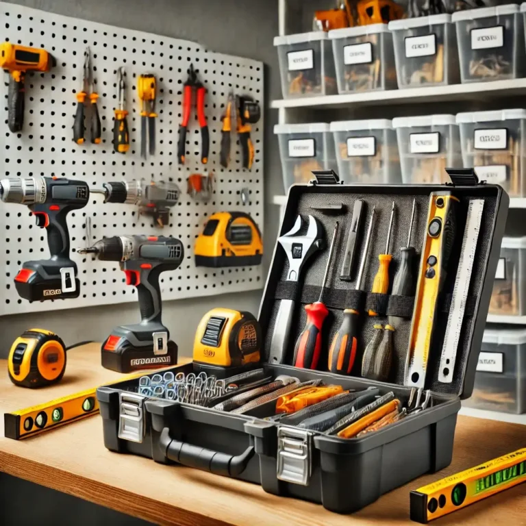 Organized home toolkit with drills, screwdrivers, pliers, and measuring tools displayed on a workbench and pegboard.