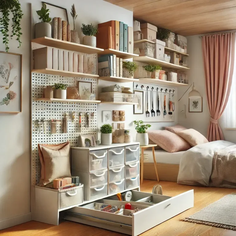 A collection of creative DIY storage solutions for small homes, including floating shelves, under-bed storage drawers, and a pegboard organizer, designed to maximize space and minimize clutter.