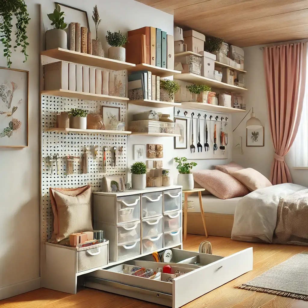 A collection of creative DIY storage solutions for small homes, including floating shelves, under-bed storage drawers, and a pegboard organizer, designed to maximize space and minimize clutter.