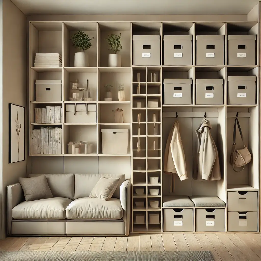 Small, efficiently organized living space with modern and minimalist design, featuring multi-functional furniture like a sofa with hidden storage