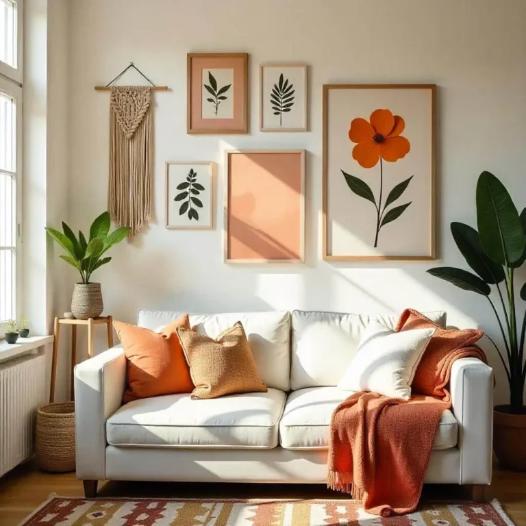 A cozy living room featuring a white sofa with orange and beige throw pillows, a gallery wall of framed botanical illustrations and macrame wall hangings, large windows, potted plants, and a warm earthy color palette.