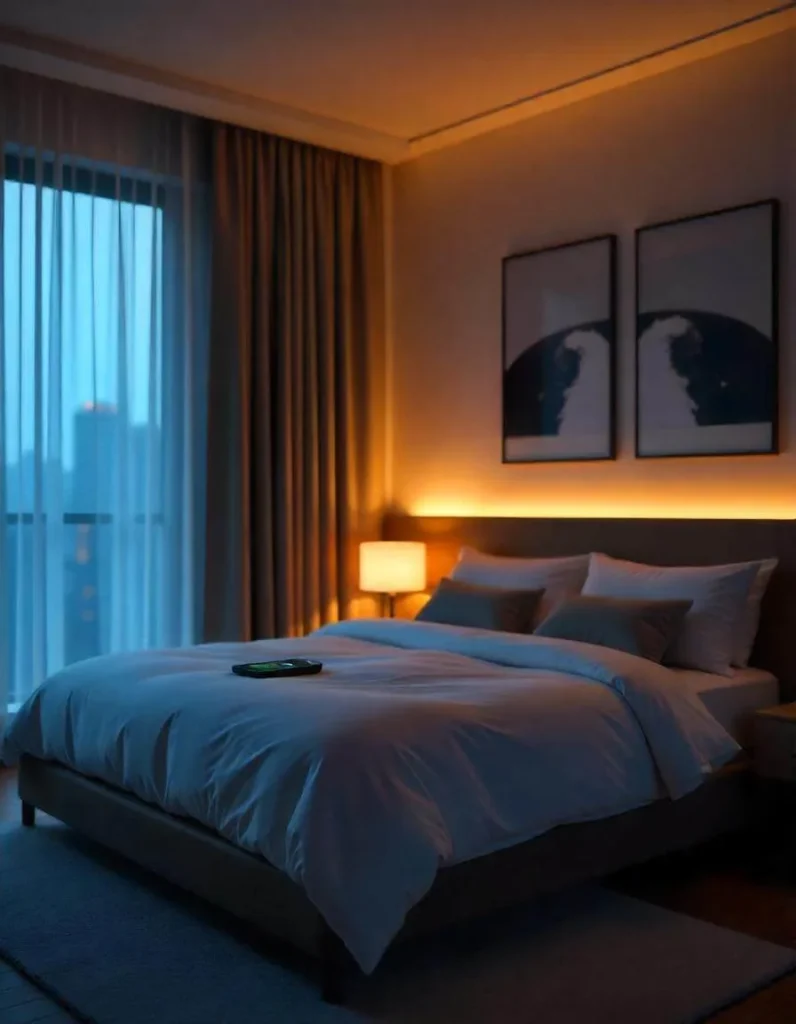 A stylish bedroom with smart lights transitioning from warm golden to cool blue hues, controlled by a smartphone on a bedside table. The room features modern minimalist decor and a cozy atmosphere.