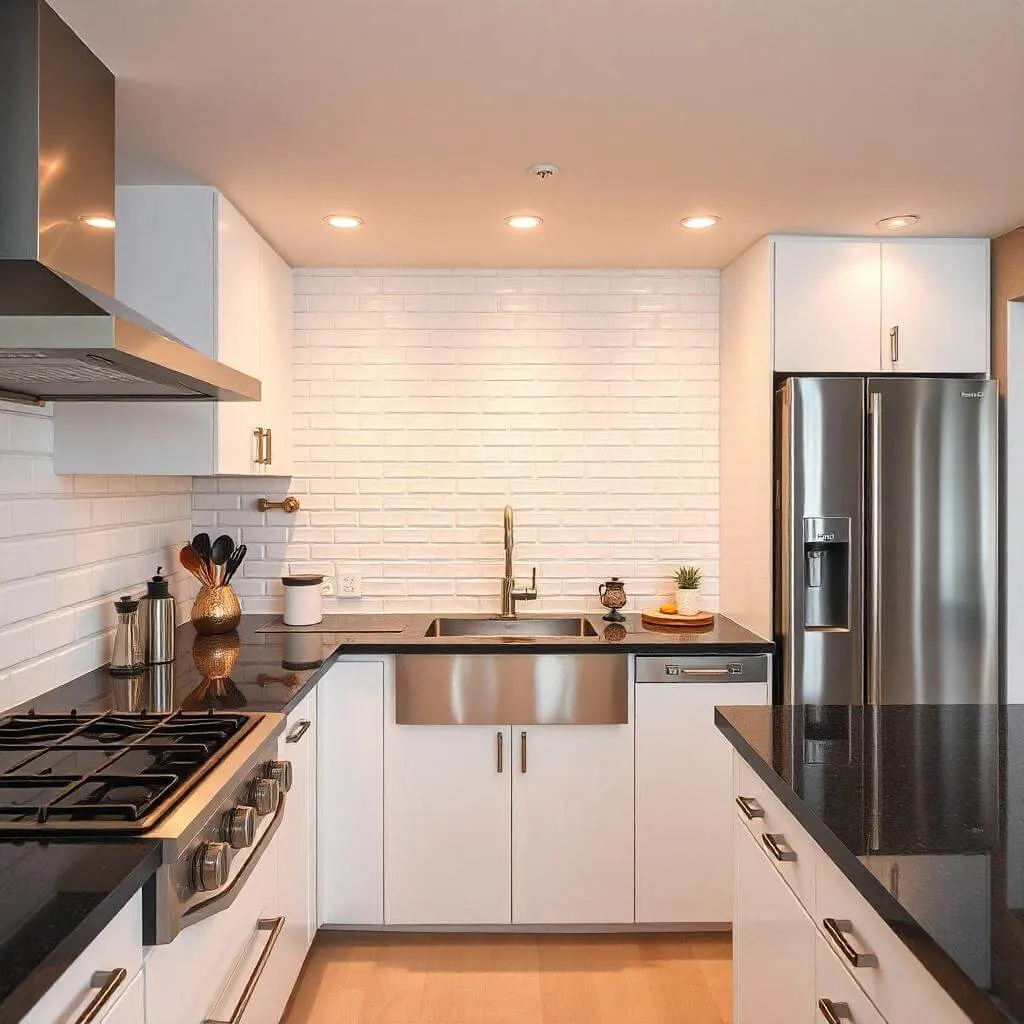 A modern kitchen with a functional triangle layout connecting the stove, sink, and refrigerator, featuring quartz countertops, a subway tile backsplash, and warm lighting.