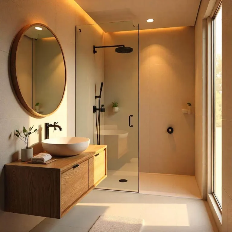 A small, modern bathroom with a floating vanity, large round mirror, and a tiled walk-in shower featuring a rainfall showerhead and spa-like lighting.