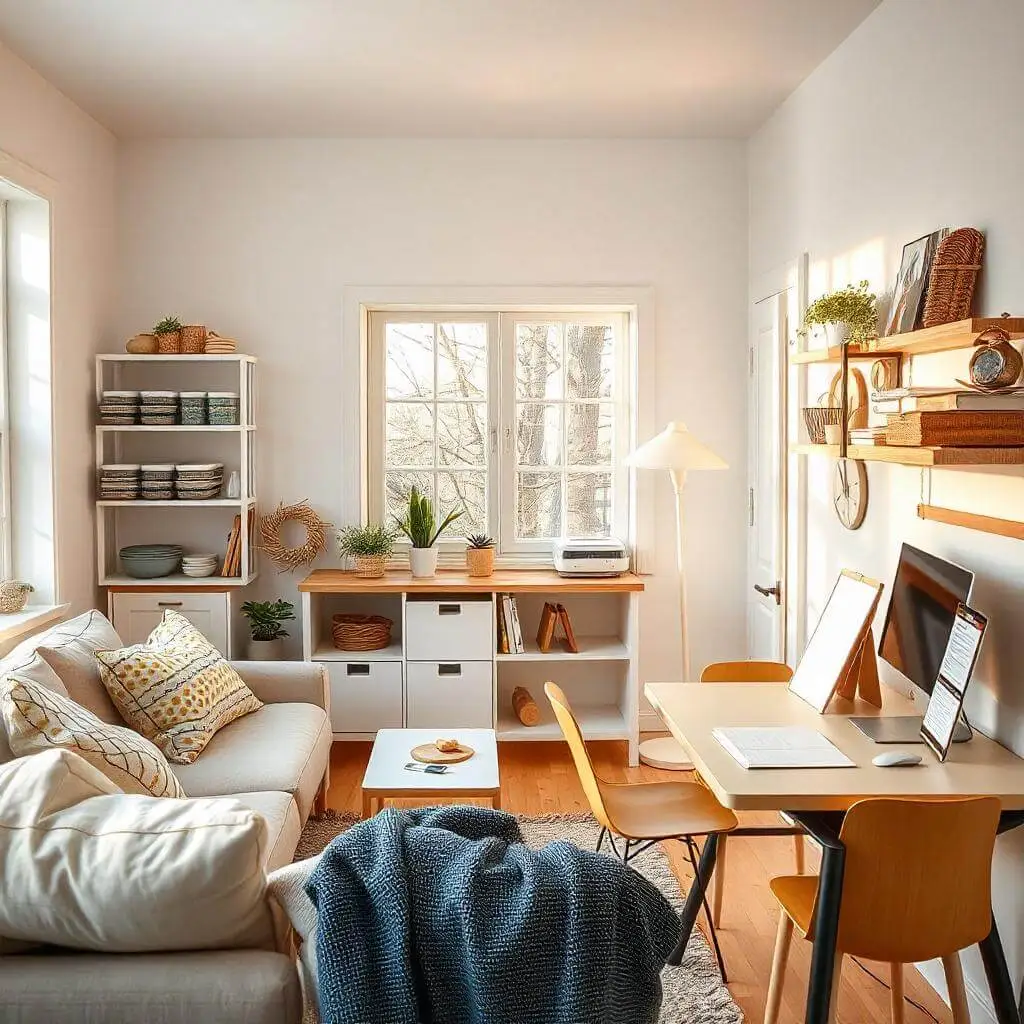 A bright and organized home featuring a minimalist living room, clean kitchen with meal prep containers, and a tidy workspace with a calendar and to-do list, illuminated by natural light.