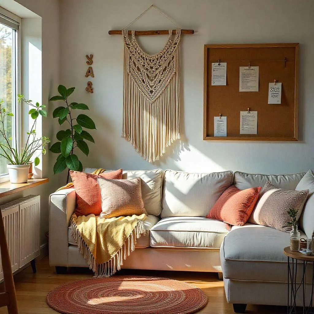 Cozy living room corner with a beige sectional sofa, colorful throw pillows, a yellow blanket, a macramé wall hanging, a corkboard, and a potted plant by the window.