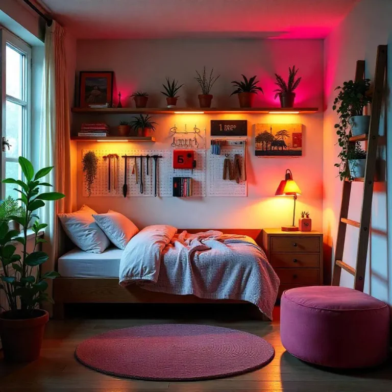 A modern small apartment with floating shelves, under-bed storage bins, a ladder shelf for plants and books, a pegboard wall with hanging tools, and a storage ottoman in the living area, blending functionality and style.