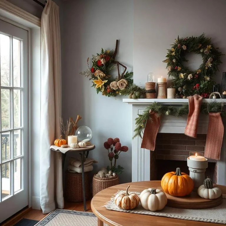 A cozy home featuring seasonal decor: a floral wreath on the front door, a summer beach-themed table centerpiece, a mantel with fall pumpkin planters, and homemade winter snow globes, creating a festive and inviting atmosphere.