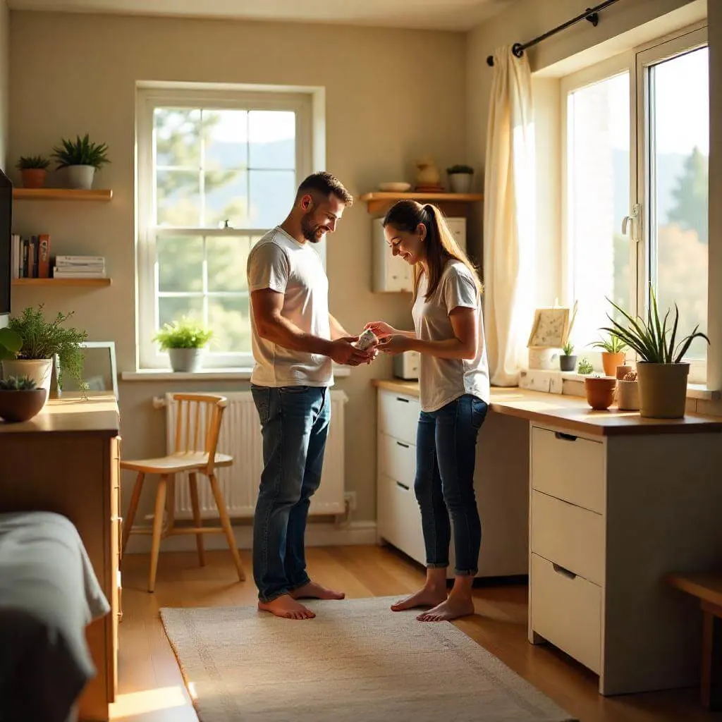 A cozy and well-organized living space with neatly arranged furniture, labeled storage bins, a clear desk surface, and a family member returning an item to its designated spot under warm, inviting lighting.