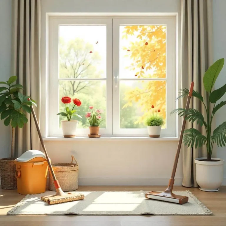 A seasonal cleaning checklist concept with a clean home featuring blooming flowers for spring, a bright summer room, fall leaves outside the window, and cozy winter decor. Cleaning tools like brooms, vacuums, and labeled bins are neatly arranged.