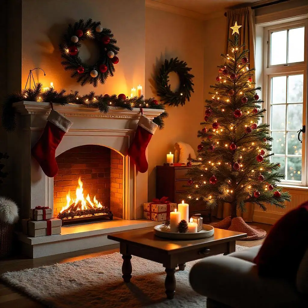 Cozy living room decorated for Christmas with a glowing fireplace, garland, stockings, a Christmas tree with handmade ornaments, and a festive table centerpiece.