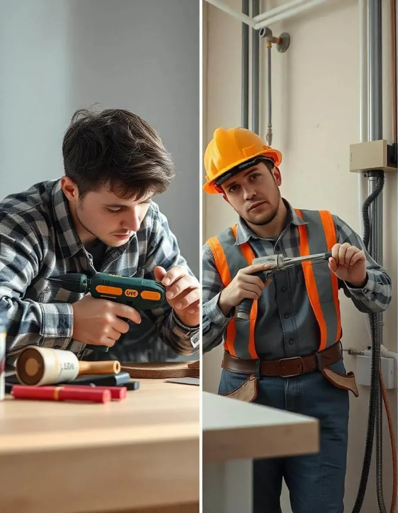 A split image of a craftsman working with a drill on a woodworking project and a construction worker in safety gear handling electrical tools.