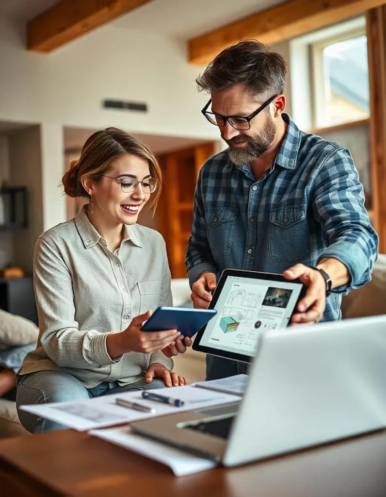 A man and woman collaborating on a home improvement project, reviewing design plans on a tablet and discussing ideas in a bright and modern living room