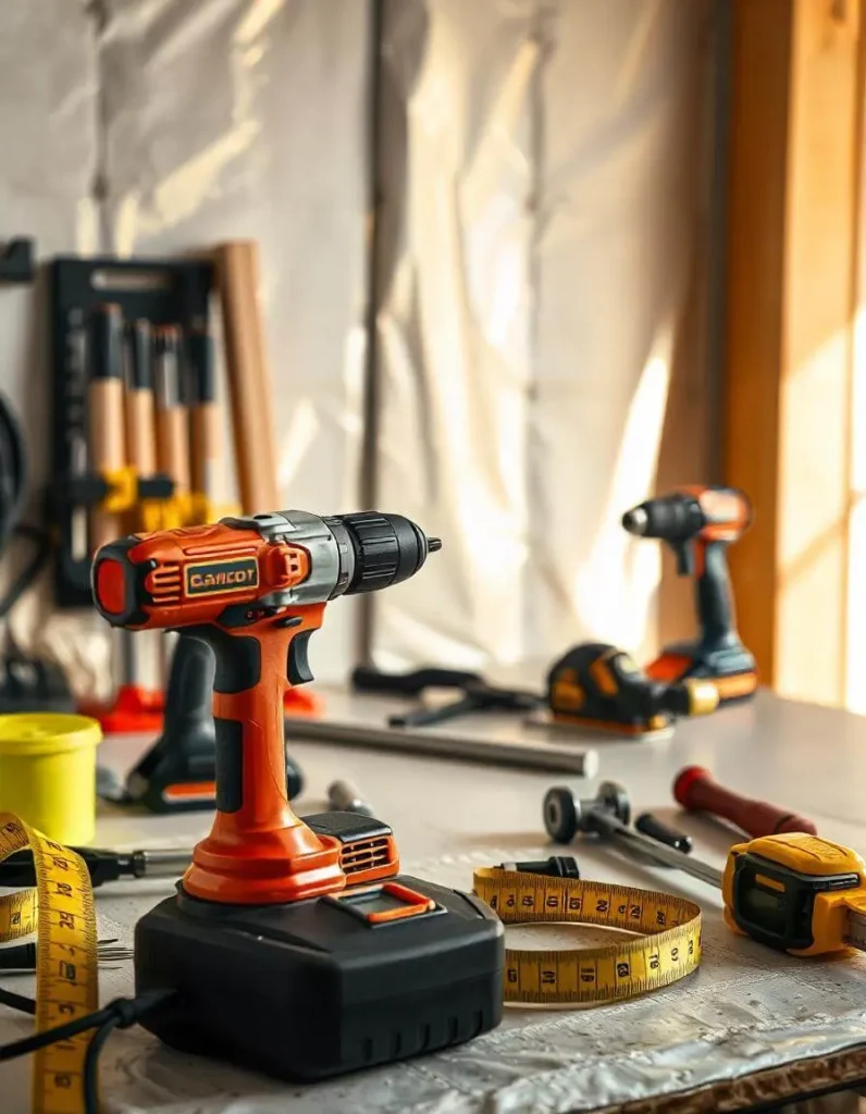 A well-organized workshop table featuring a cordless power drill, tape measure, and various woodworking tools in a sunlit space.