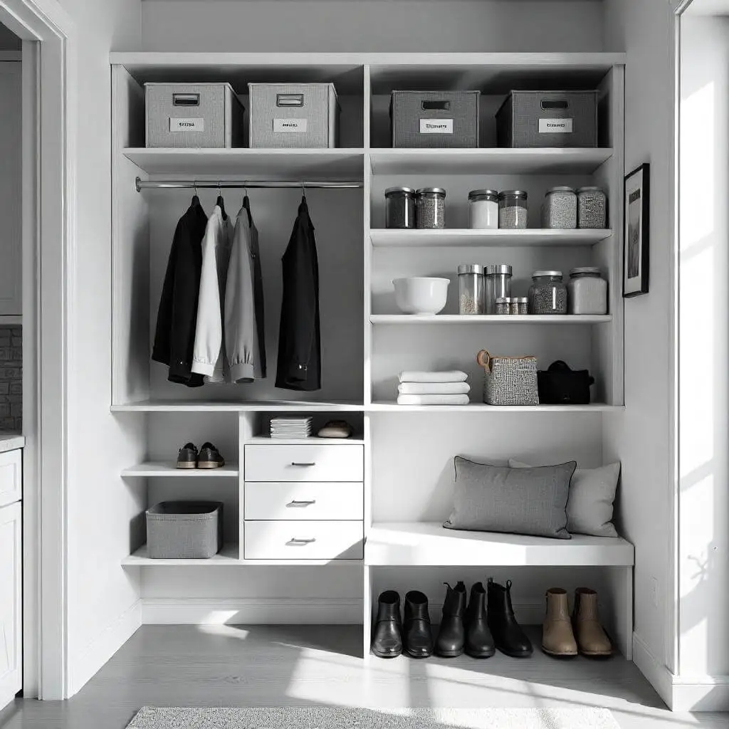 A tidy, minimalist home interior showcasing an organized closet with hanging organizers and labeled bins, a pantry with clear jars and grouped items, and an entryway bench with hooks for shoes and coats, all in a modern and functional design with soft lighting.