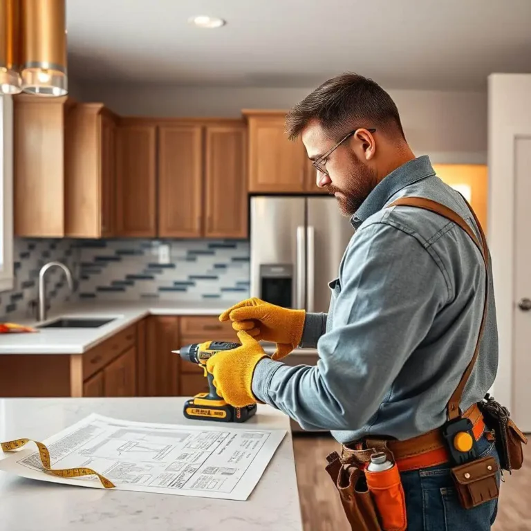 A professional home remodeling contractor working on a modern kitchen renovation with new cabinetry, updated countertops, and tools like a measuring tape, blueprint, and power drill in a clean and bright setting.