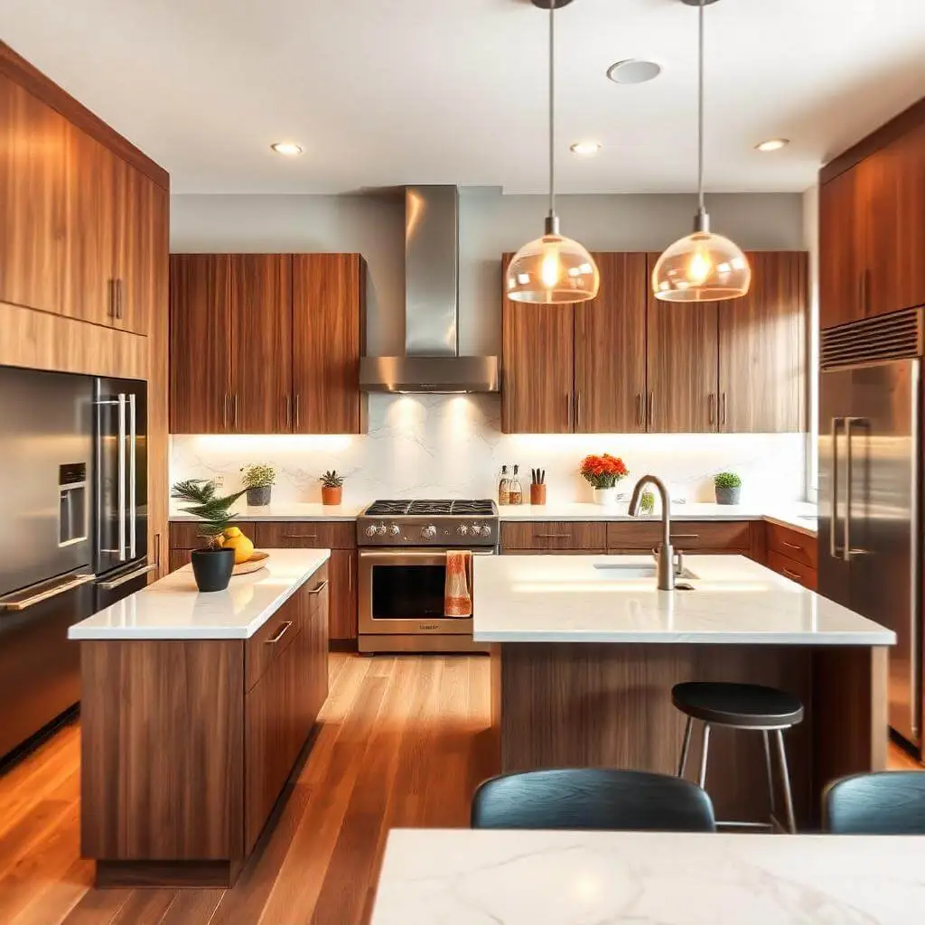 A modern kitchen with quartz countertops, custom wood cabinetry, a large center island, stainless steel appliances, a stylish backsplash, and decorative touches like potted plants and pendant lights.