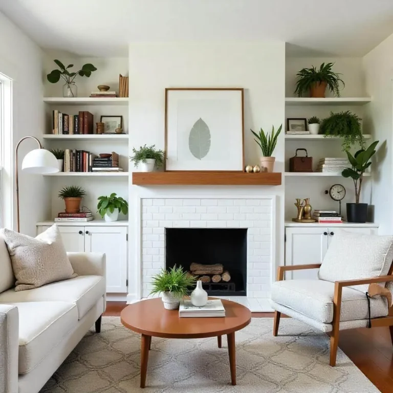 A cozy living room with a white DIY built-in shelving unit, books, plants, and art, a modern tiled fireplace, and a rearranged layout with a plush sofa and coffee table.