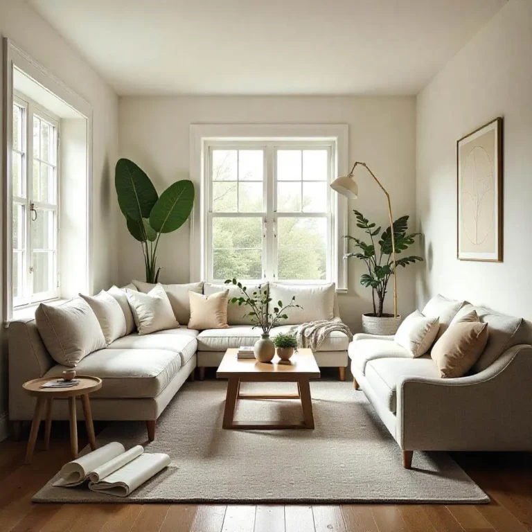 Minimalist living room with beige sofas, indoor plants, a wooden coffee table, and a large window providing natural light.