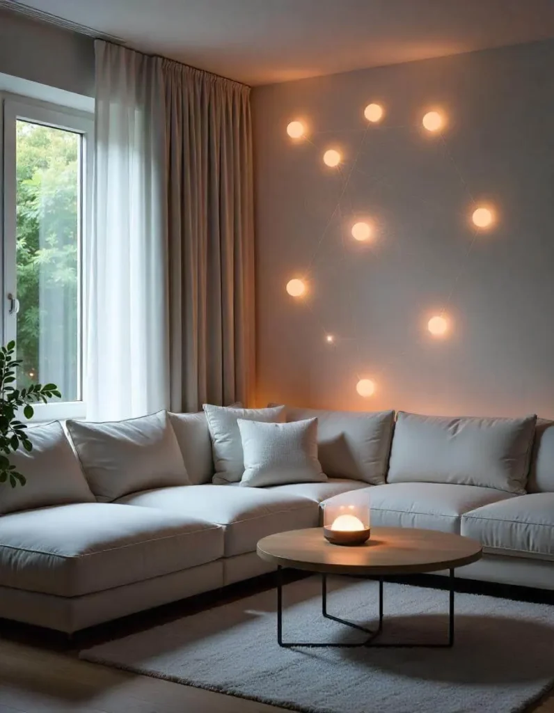 A modern home featuring a glowing mesh Wi-Fi network represented by interconnected orbs, seamlessly covering every room, with futuristic routers and smart hubs subtly placed in a sleek living room.