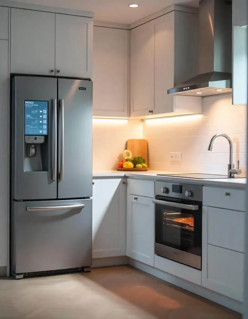 A cutting-edge kitchen featuring a smart refrigerator with a digital screen, a voice-activated faucet running water, a high-tech oven with glowing recipe presets, and modern cabinets in a clean, bright space.