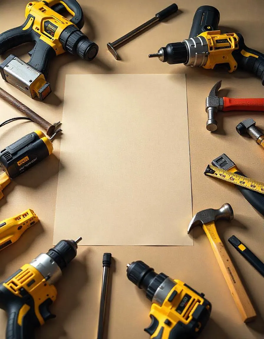 A well-organized home renovation workspace with neatly arranged construction tools, including power drills, saws, hammers, and measuring tape, ready for a project.