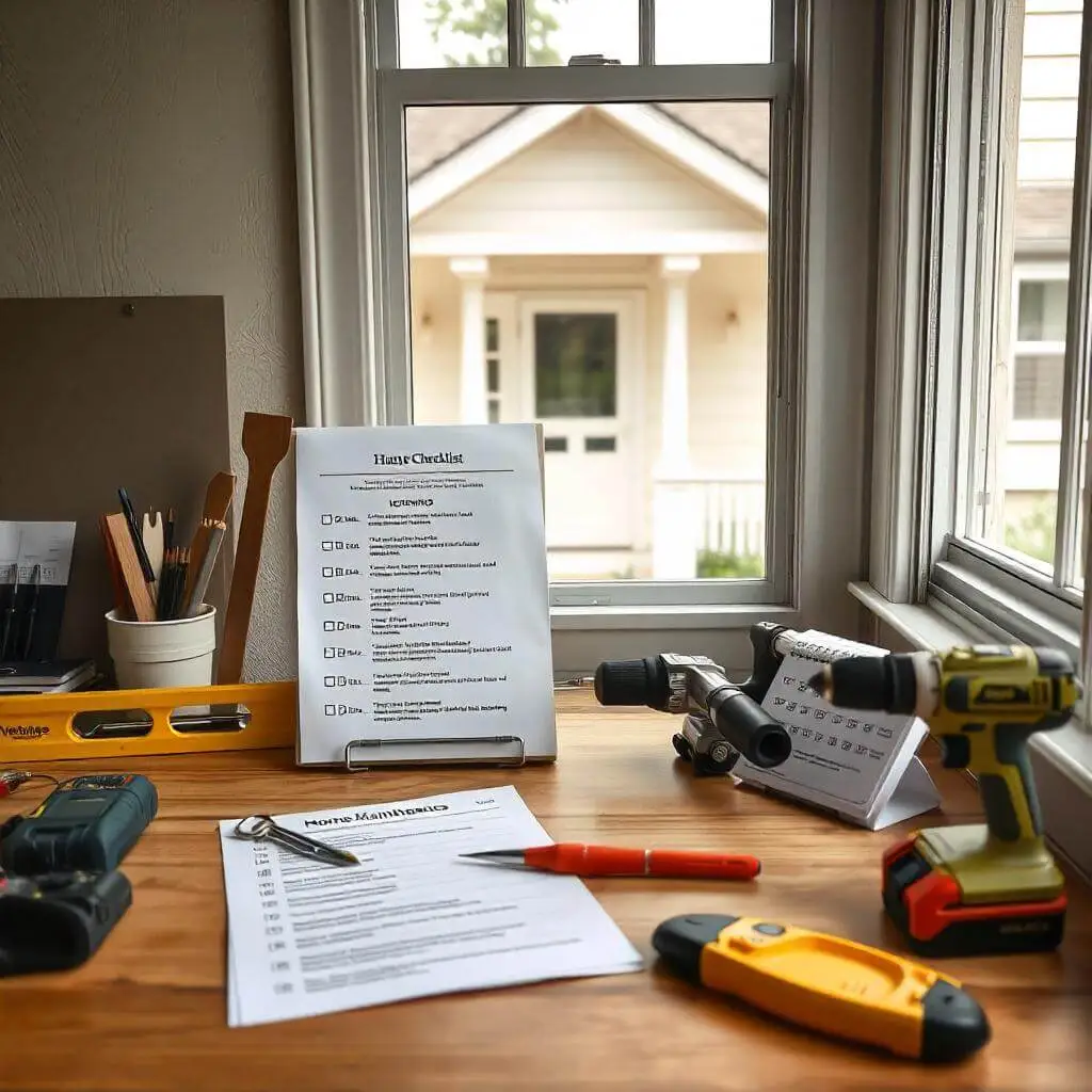 A workspace with a home maintenance checklist, tools, and a calendar, with a clean home exterior visible in the background.