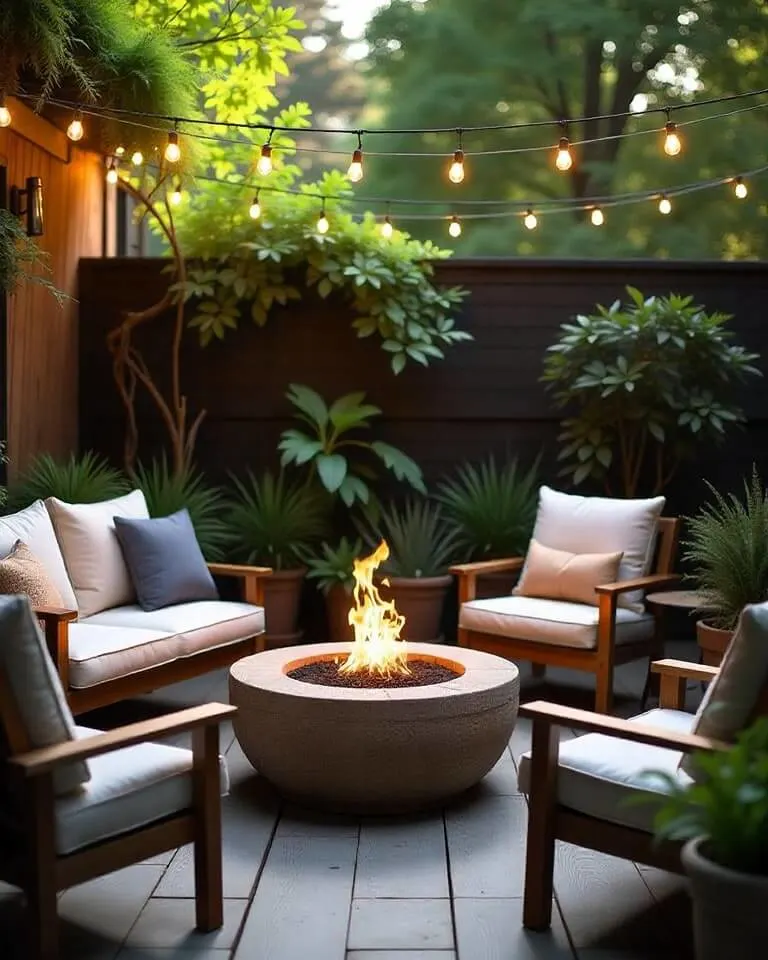 Cozy outdoor seating area with wooden furniture, white cushions, a modern fire pit, string lights, and lush greenery.