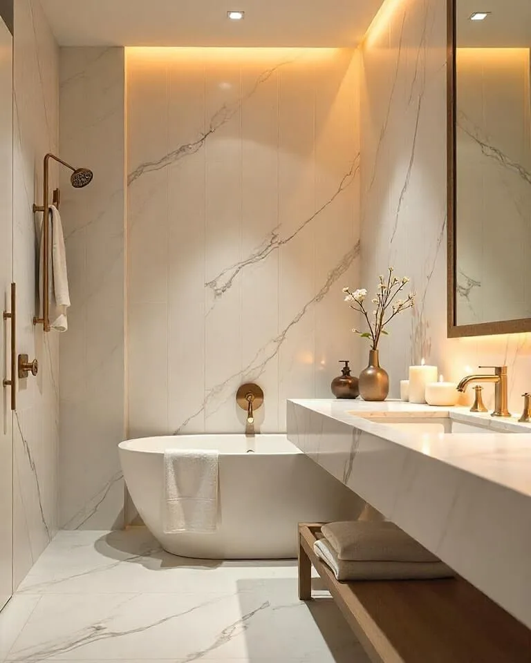 A luxurious bathroom featuring a freestanding white bathtub, large marble tiles with natural veining, a modern vanity with a polished countertop, and warm ambient lighting.