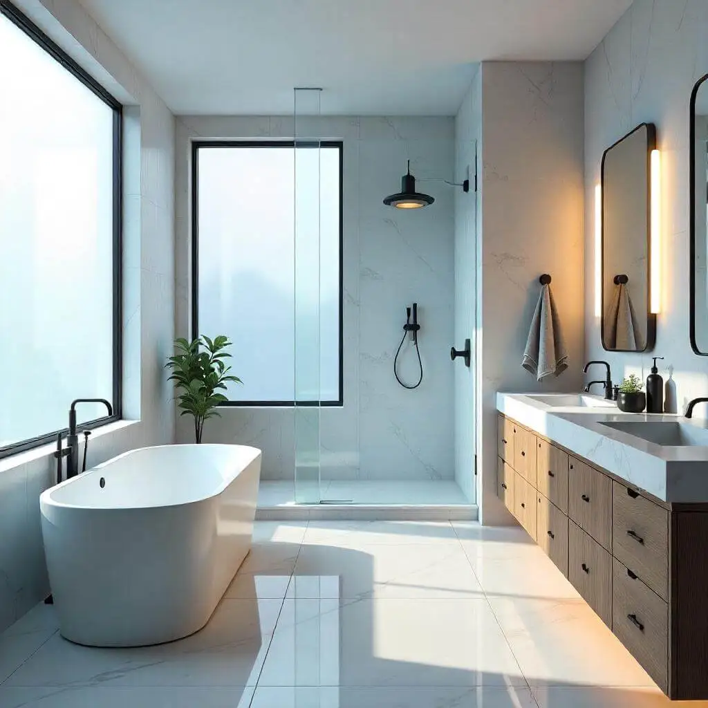 A luxurious modern bathroom with a freestanding white tub by a frosted window, a glass walk-in shower with marble tile, a double vanity with quartz countertops, and black hardware, complemented by wooden cabinetry and soft lighting.