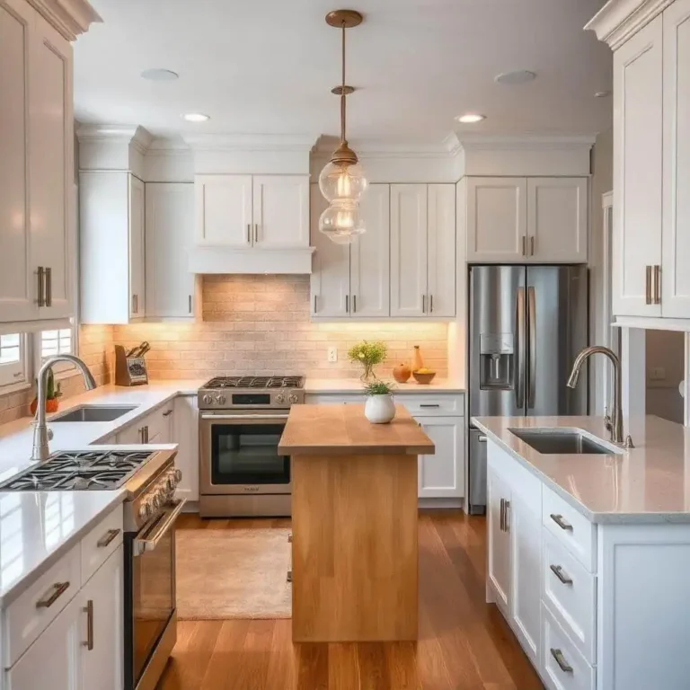 A modern kitchen with white semi-custom cabinets, quartz countertops, stainless steel appliances, a tiled backsplash, and a wooden countertop island with pendant lighting above.