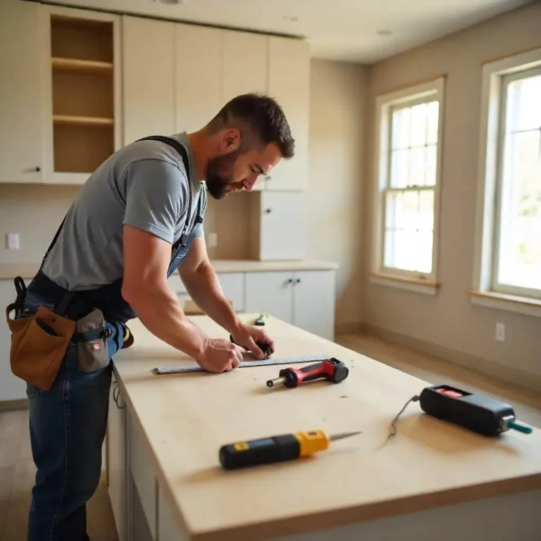 A home improvement contractor measuring a space for custom cabinetry in a partially renovated modern home, with tools and materials organized around them.