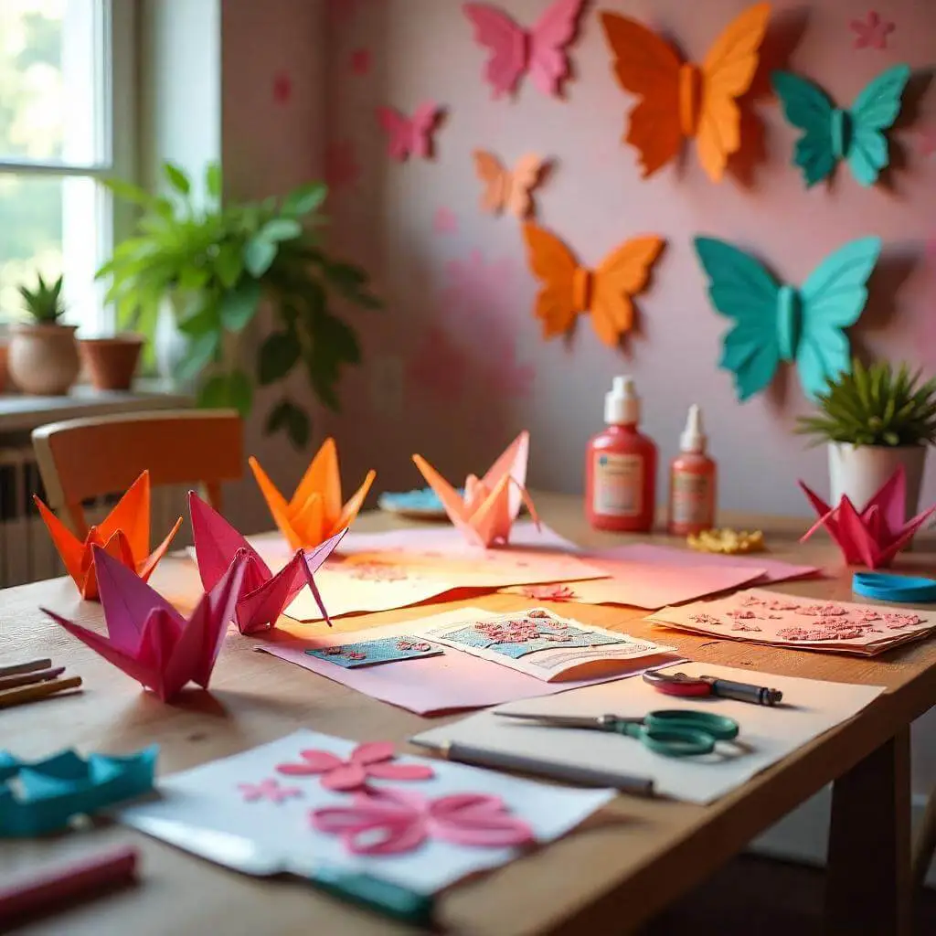 A vibrant craft workspace featuring colorful origami cranes and paper butterflies in shades of orange, pink, and blue, with crafting tools and supplies on a wooden table.