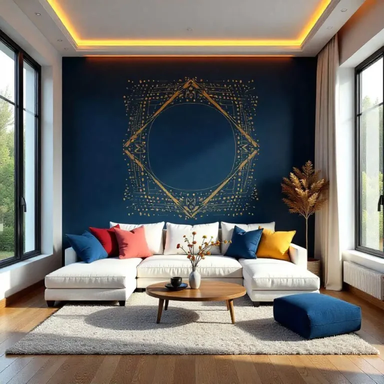 A modern living room with a deep blue accent wall featuring intricate gold geometric designs, a white sectional sofa with colorful cushions, a round wooden coffee table, and large windows letting in natural light.