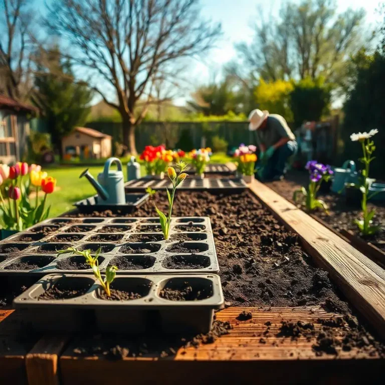 A serene backyard garden in early spring with neat rows of soil, seedling trays on a wooden table, a watering can, colorful flowers like tulips and pansies, and a gardener planting seeds under a blue sky.