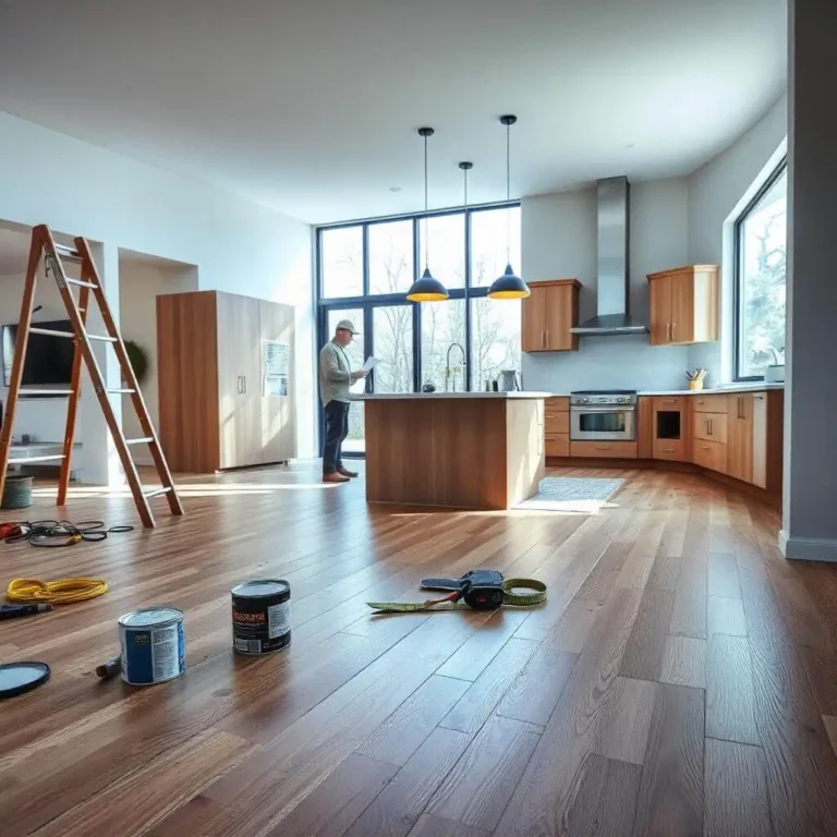 A modern, open-concept living room and kitchen in the midst of a stylish renovation, featuring tools, new flooring, and partially completed cabinetry.