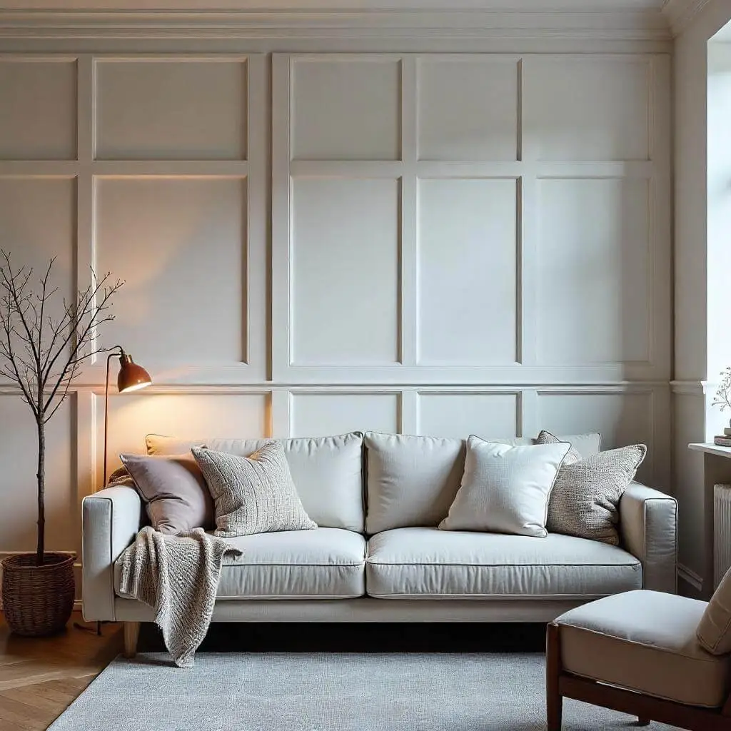 A cozy living room with a feature wall showcasing DIY paneling made from draught excluder tape in a modern grid design, painted in soft neutral tones.