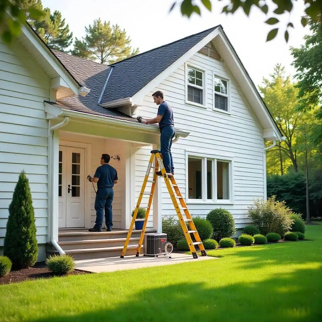 Two professionals performing maintenance work on the exterior of a modern white house, with one on a ladder inspecting the roof and gutters.