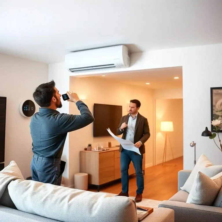 A professional discussing an HVAC system installation in a modern living room while another person takes a photo of the air conditioning unit mounted on the wall.