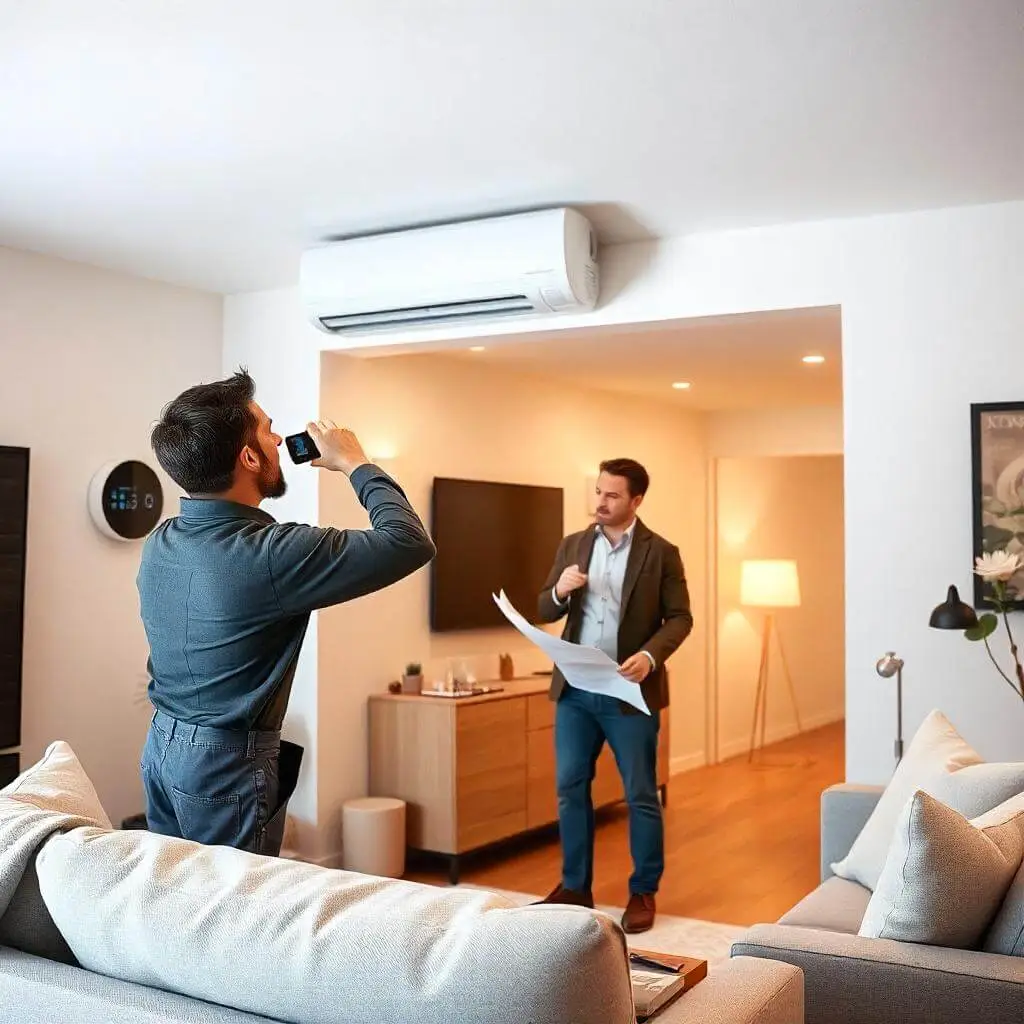  A professional discussing an HVAC system installation in a modern living room while another person takes a photo of the air conditioning unit mounted on the wall.