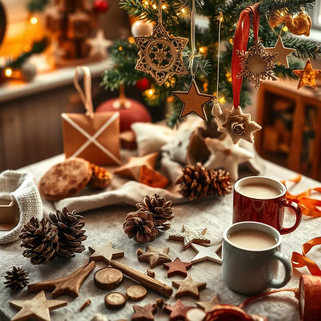 A cozy table setup featuring handmade Christmas decorations, including wooden stars, pinecones, and festive ornaments, with two steaming mugs of coffee or tea and a decorated Christmas tree in the background.