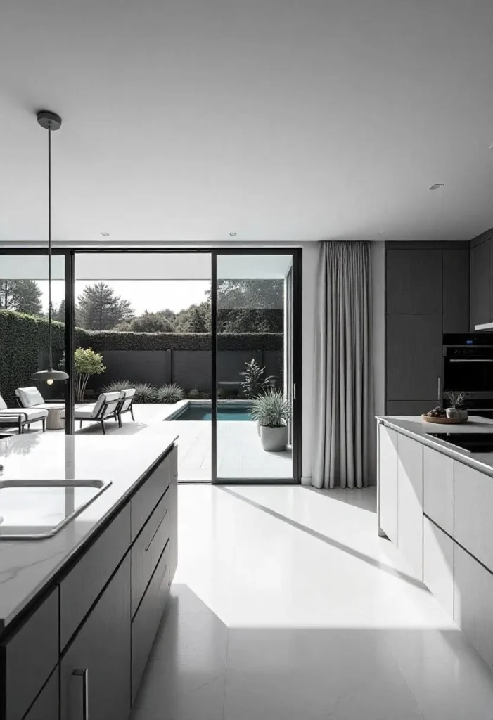 Luxurious modern home interior with a designer kitchen, bespoke furniture, and a stunning outdoor view featuring an infinity pool and patio.