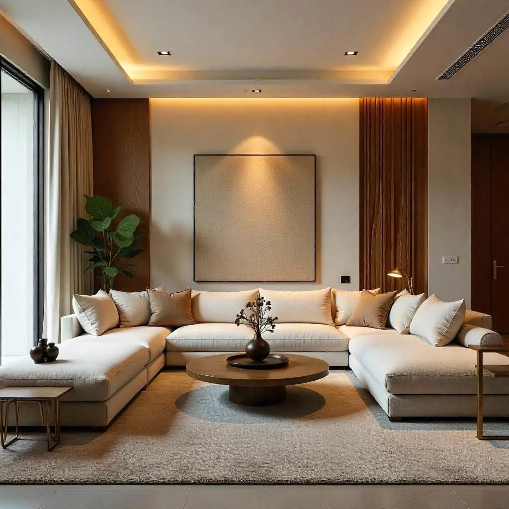 A luxurious modern living room with custom-built furniture, a Venetian plaster accent wall, curated artwork, smart home automation, and warm lighting.