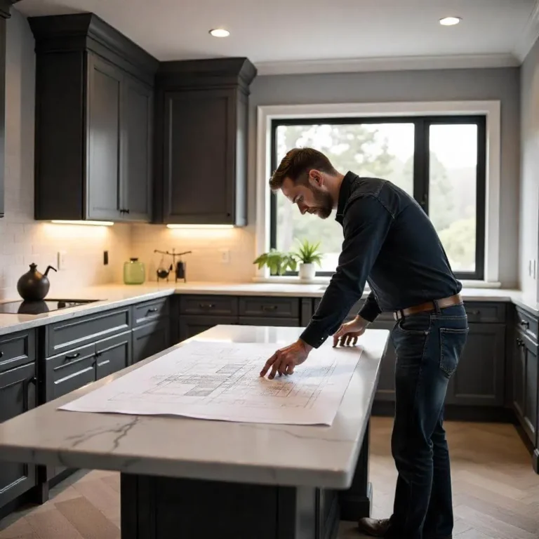 A luxury home interior under renovation, featuring premium materials like marble countertops, custom cabinetry, and hardwood flooring, with a contractor reviewing blueprints.