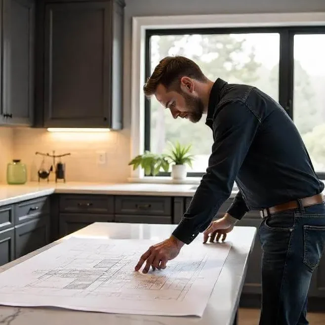 A luxury home interior under renovation, featuring premium materials like marble countertops, custom cabinetry, and hardwood flooring, with a contractor reviewing blueprints.