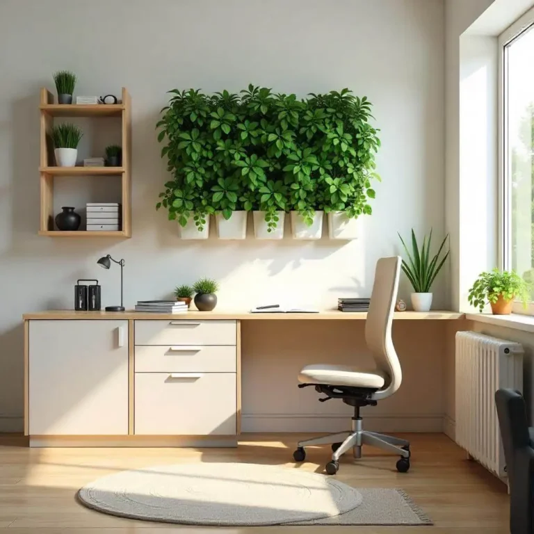 A modern home with smart devices, minimalist furniture with hidden storage, a vertical garden, transparent storage bins, and a clean, well-lit workspace with cable management. Title: Smart and Organized Home with Minimalist Design