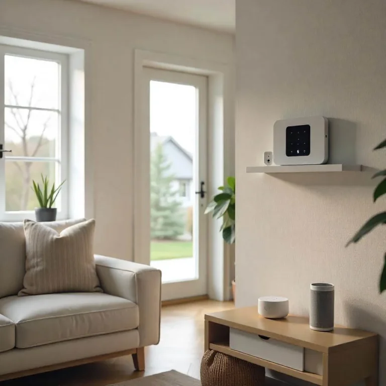 A modern living room with a DIY home security system, featuring a smart control panel, camera, and motion detector in a cozy, tech-savvy home setting.