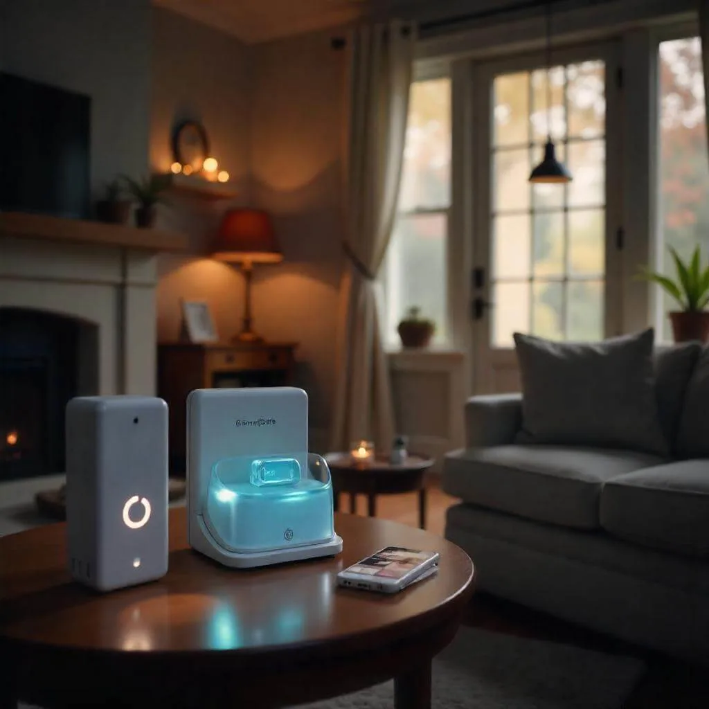 Cozy home interior featuring a SimpliSafe DIY security system with a base station, keypad, and contact sensors on doors and windows, highlighting customizable security.