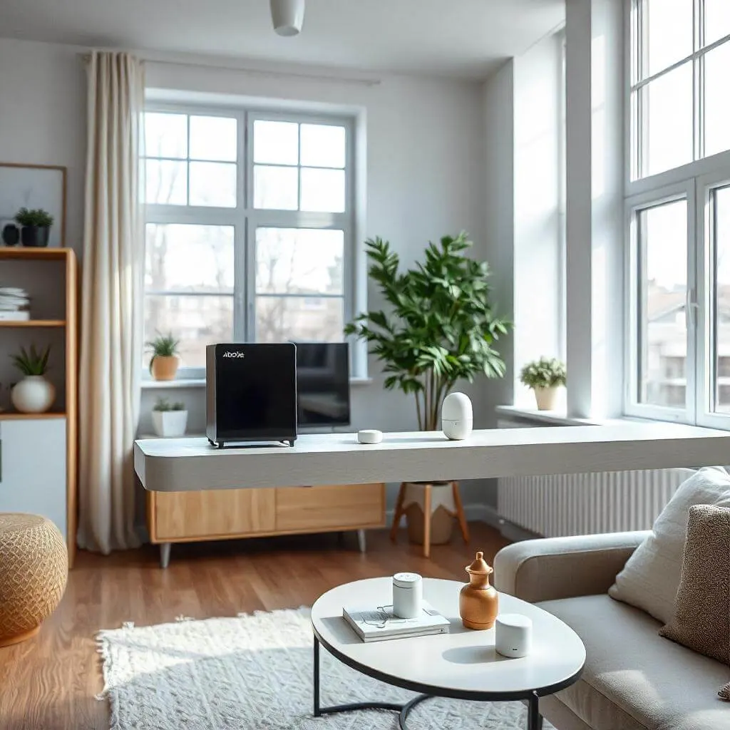 Compact apartment interior featuring an Abode iota DIY security system with an all-in-one hub, HD camera, and motion detector on a modern shelf.